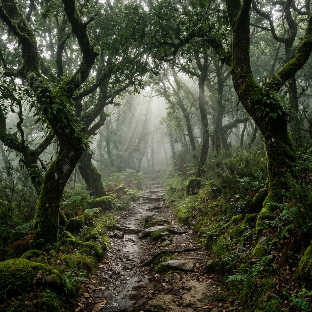 Caminho florestal enevoado em Portugal